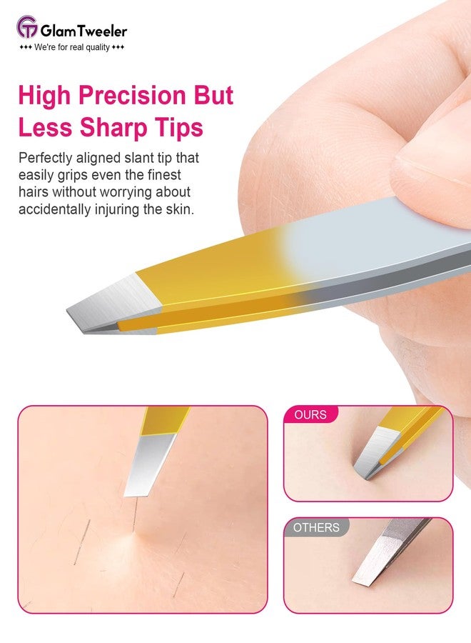 GlamTweeler ملقط G-01 الحصري ذو الطرف المائل، ملقط GlamTweeler عالي الدقة لإزالة شعر الحواجب والوجه مع حقيبة تخزين وحمل جلدية (فضي وذهبي) - Image 3